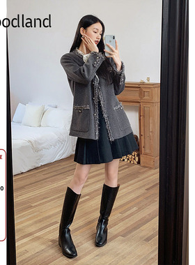 Goodland美地灰色法式钉珠小香风羊毛大衣外套女中款LC34510110