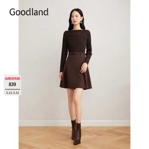 Goodland美地咖色一字领拼接针织连衣裙收腰短款a字裙LC34506427