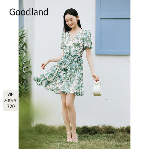 Goodland美地气质印花v领收腰桑蚕丝真丝连衣裙女夏季LC35205280