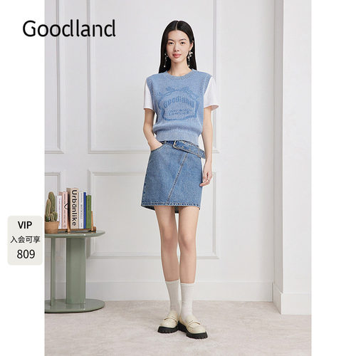 Goodland美地牛仔纱蝴蝶结短袖针织上衣女夏季2026新款LC36206170