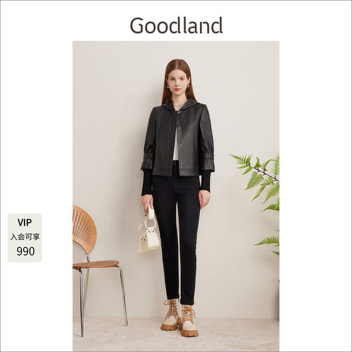 Goodland美地女装设计感假两件绵羊皮衣连帽短外套小夹克