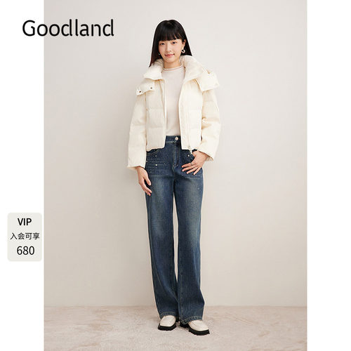 Goodland美地女装2024年冬季新款白色鸭绒立领连帽羽绒服短款