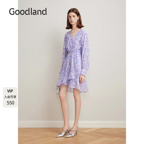Goodland美地女装2025春新款法式V领木耳花边不规则裙摆连衣裙