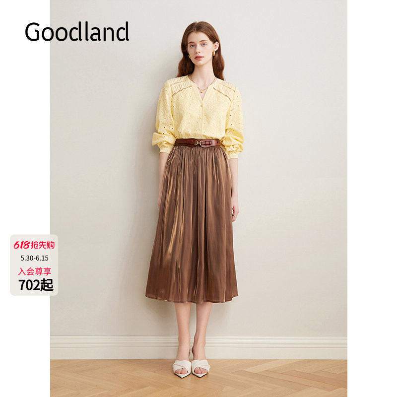 Goodland美地女装法式流光显瘦百褶裙长款松紧腰半身裙LC35250320