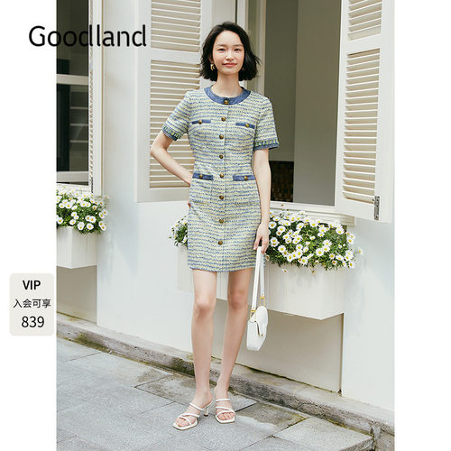 Goodland美地拼接牛仔花纱小香风连衣裙女夏季短袖收腰LC35205460