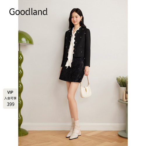 Goodland美地女装法式黑色波浪边小香风外套短款显瘦LC35110080