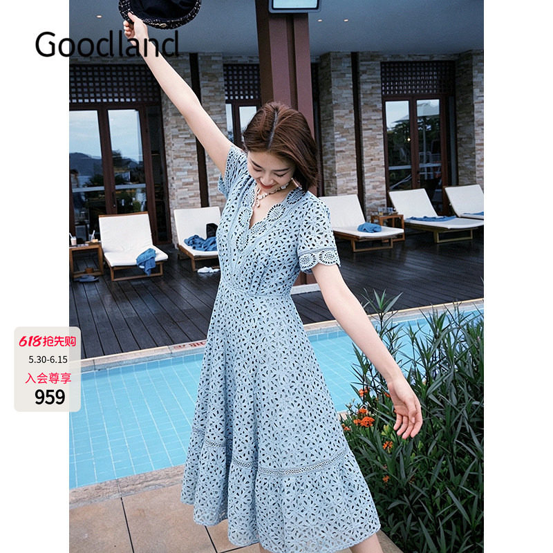 Goodland美地棉质v领收腰法式镂空刺绣连衣裙女夏季LC35205920