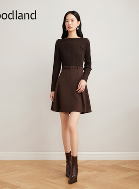 Goodland美地女装一字领拼接针织连衣裙收腰短款a字裙LC34506427