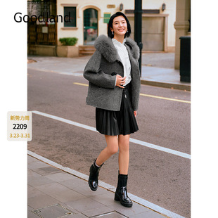 Goodland美地狐狸毛领连帽羊毛牛角扣大衣女2025冬新款 LC35580200