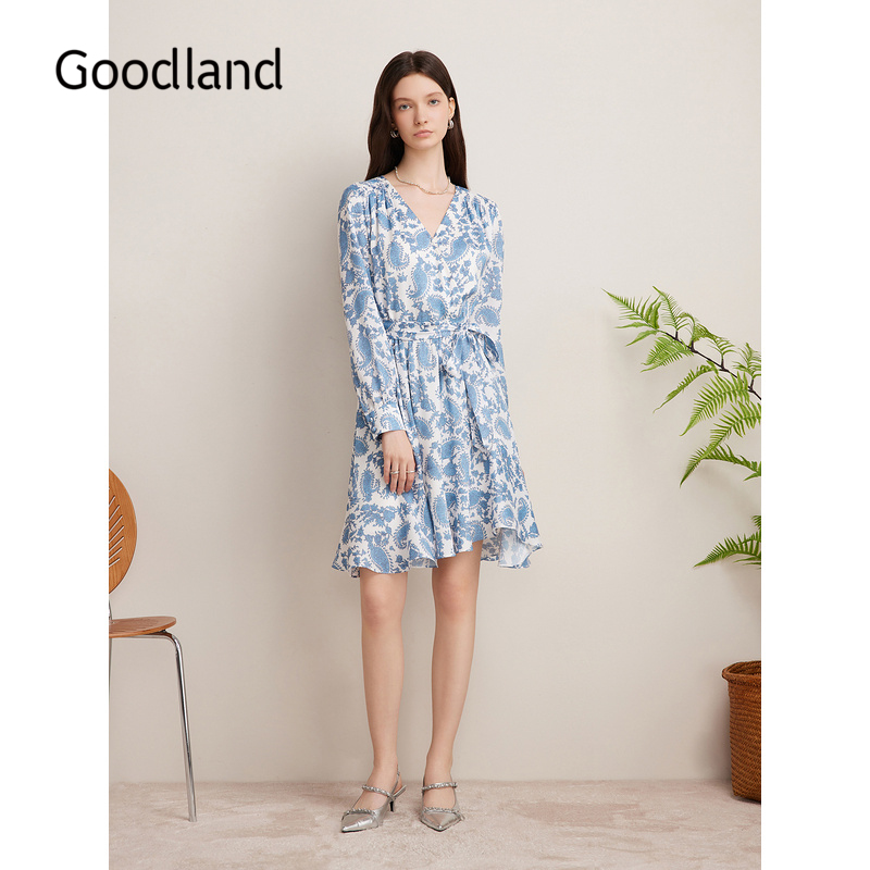 Goodland美地女装春季气质法式印花连衣裙短款v领收腰茶歇裙