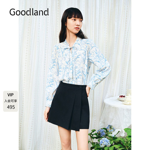 Goodland美地女装2025年早春新品法式印花衬衫女长袖上衣