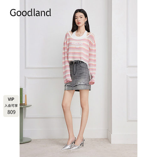Goodland美地2026夏季新款渐变条纹真两件针织衫女上衣LC36206210