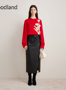 Goodland美地2024年冬新款羊毛混纺撞色印花正红毛针织衫套头上衣