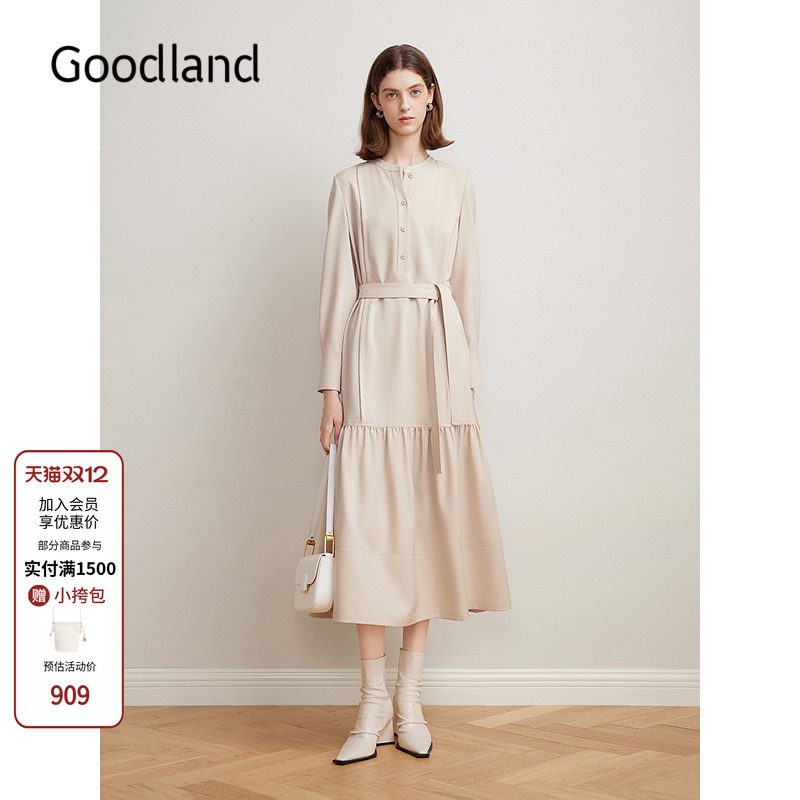 Goodland美地女装优雅米色法式衬衫式连衣裙长款LC35105290
