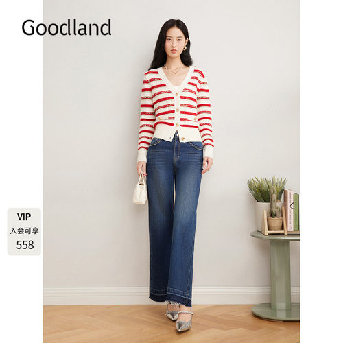 Goodland美地女装2025年春季新款红色条纹v领针织开衫法式短上衣