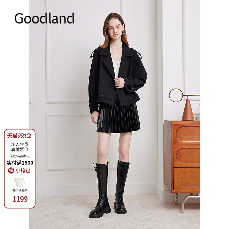 Goodland美地女装2025秋季新品拼接风衣外套短款LC35307020