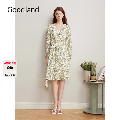Goodland美地女装2025春季新款法式印花荷叶花边收腰小A摆连衣裙
