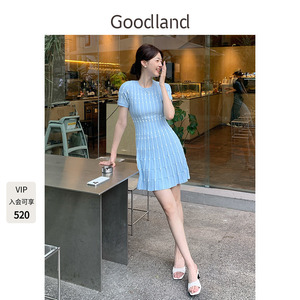 Goodland美地女装【博主同款】撞色提花气质法式针织连衣裙短款