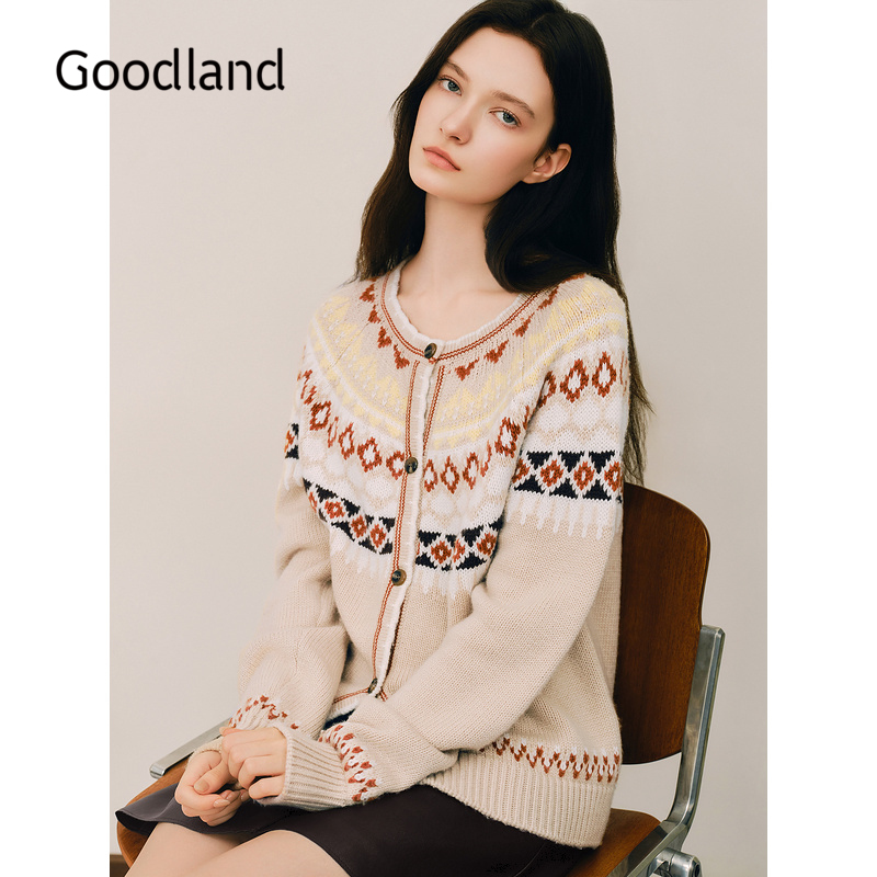 Goodland美地女装2024年冬新款费尔岛提花法式针织开衫短毛衣外套