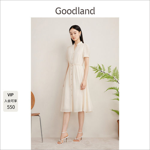 Goodland美地优雅法式短袖收腰醋酸连衣裙女夏季长款LC34205930