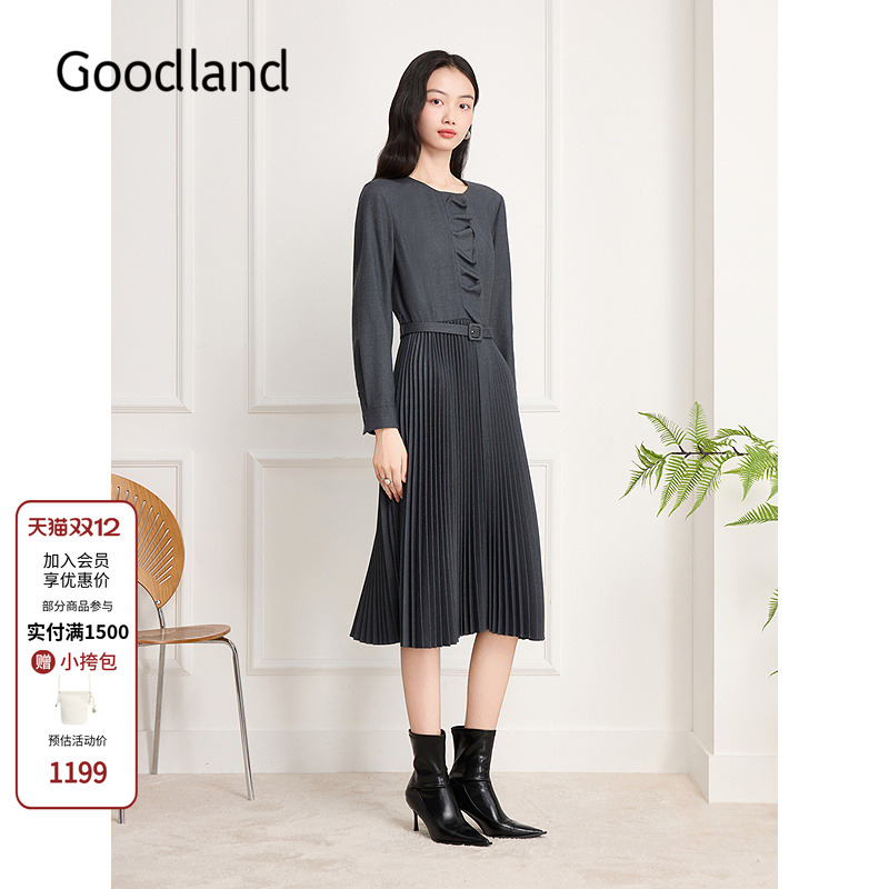 Goodland美地女装气质收腰百褶连衣裙长款2025冬季新款LC35505250