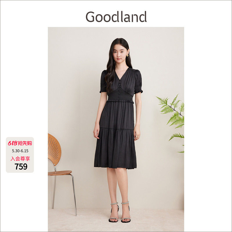 Goodland美地女装夏季海岛小黑裙花苞袖v领收腰连衣裙中款