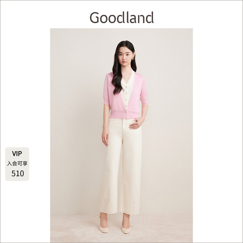 Goodland美地粉色撞色假两件v领短袖针织衫女上衣图片