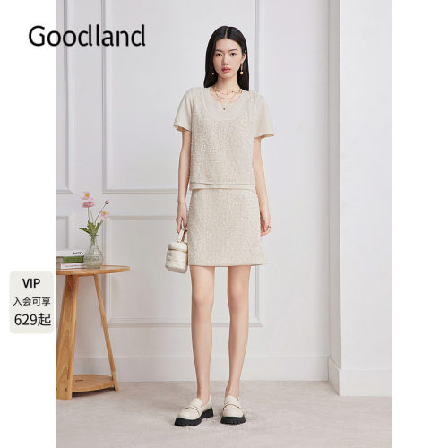 Goodland美地法式蕾丝珠片短袖针织上衣女/半身裙2026夏季新款