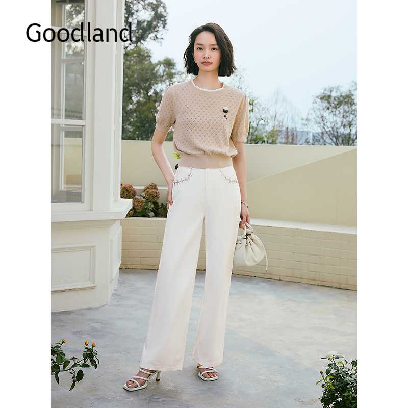 Goodland美地女装2025夏季新款气质镂空钩针短袖针织上衣/短裙