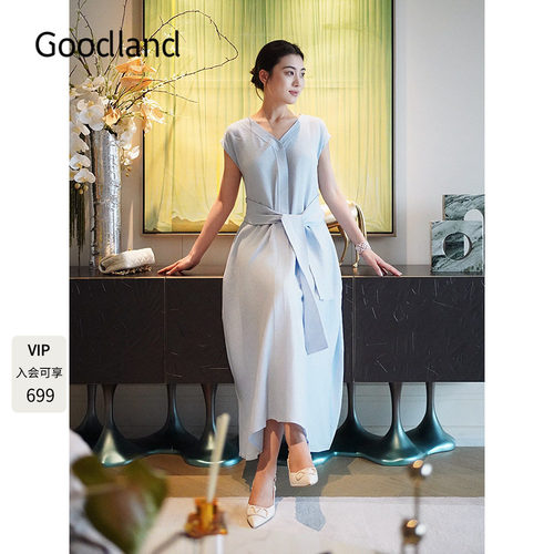 Goodland美地气质v领法式连衣裙女夏季收腰系带长裙LC35205160