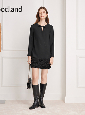 Goodland美地羊毛混纺小黑裙珠片花边连衣裙2025冬新款LC35505180
