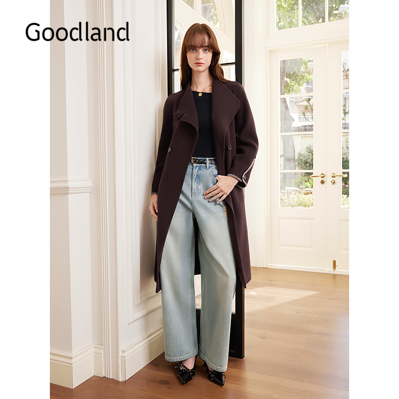 Goodland美地100羊毛双面呢大衣外套女刺绣2025冬新款LC35580360