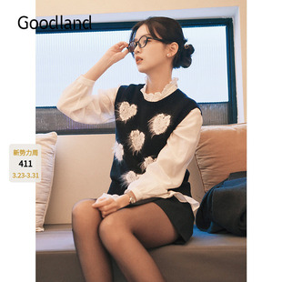 Goodland美地女装 爱心刺绣仿貂毛针织马甲背心外穿LC35104030