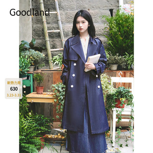 仿牛仔双排扣风衣外套中长款 新款 2025春季 Goodland美地女装