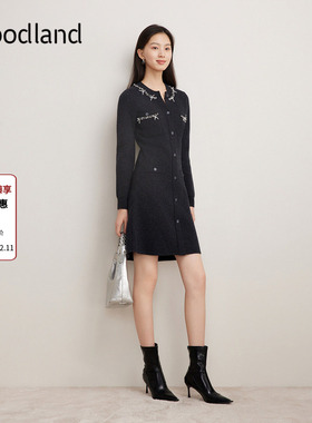 Goodland美地灰色气质法式钉珠针织连衣裙短款修身LC34506557