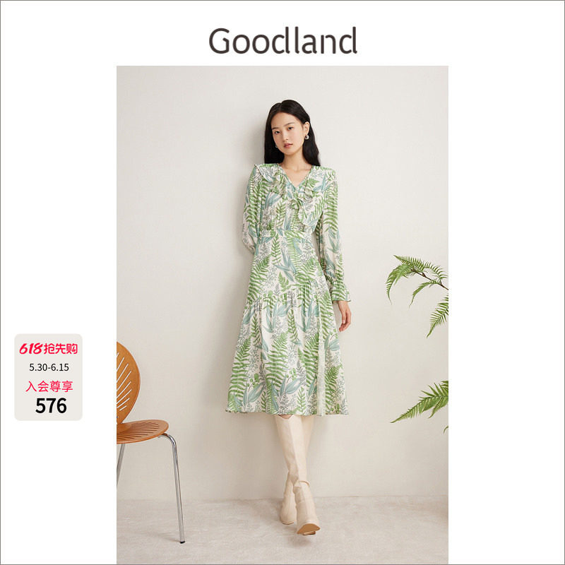 Goodland美地云感真丝羊毛混纺法式荷叶边连衣裙
