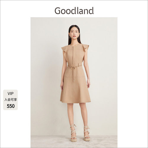Goodland美地夏季新款法式收腰A摆通勤飞飞袖连衣裙LC34205450