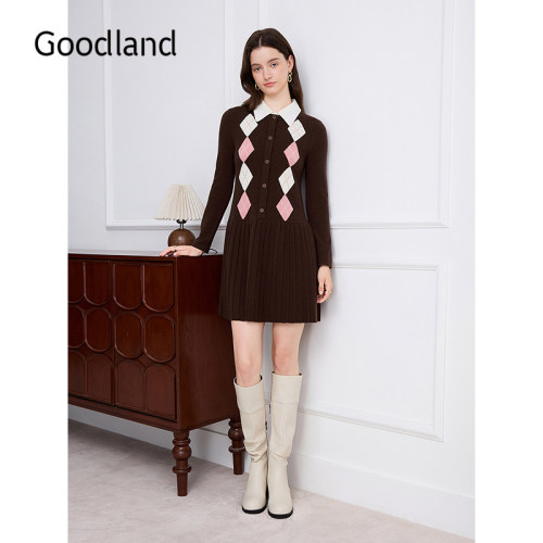 Goodland美地学院风羊毛菱格针织裙2026秋季新款连衣裙LC36306147
