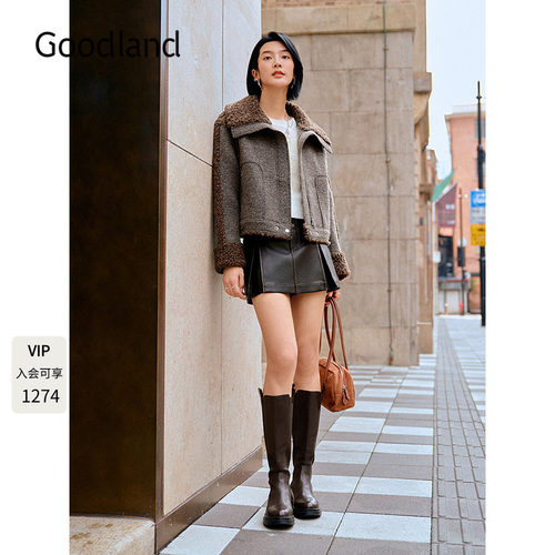 Goodland美地羊毛颗粒绒毛领短款大衣外套女2025冬新款LC35510060