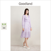 Goodland美地2024春夏系列紫色印花桑蚕丝茶歇连衣裙 柔润真丝