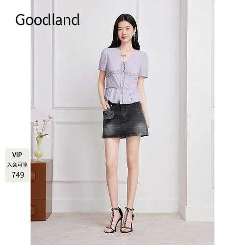 Goodland美地v领绑带法式花边短袖上衣女夏季2026新款LC36270180
