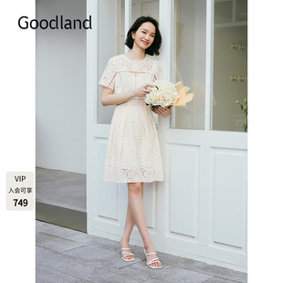 Goodland美地米白色镂空蕾丝法式连衣裙女夏季收腰a字LC35205820
