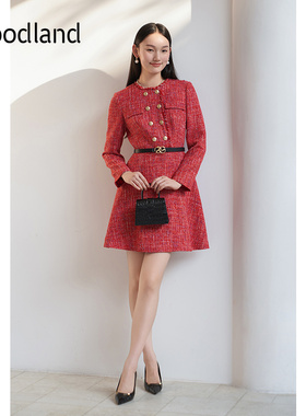 Goodland美地法式红色花纱小香风连衣裙收腰a字裙LC34505150