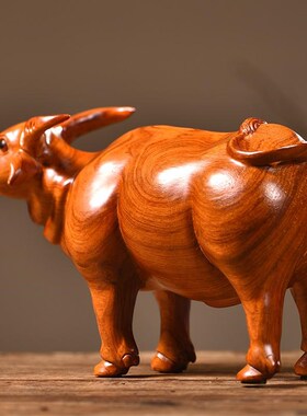 花梨木雕牛摆件牛气冲天实u木黄牛工艺品十二生肖动物客厅开业送