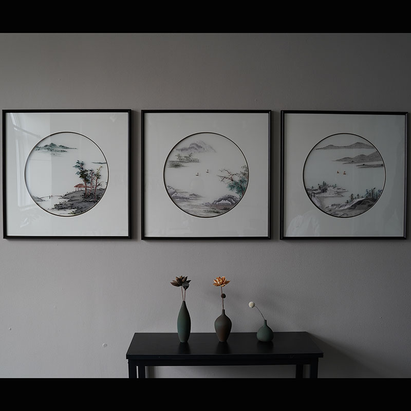 苏绣现代新中式客厅三联刺绣装饰画别墅沙发背景卧W室走廊过道挂图片