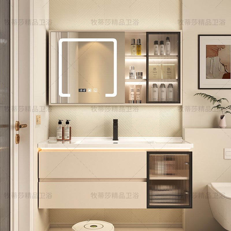 实木多层免漆卫生间陶瓷一v体盆浴室柜智能洗脸盆柜组合洗手盆洗