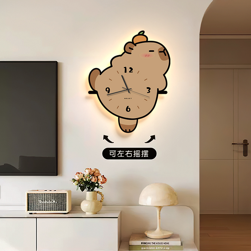卡皮巴拉客厅钟表j挂墙装饰画2024新款家用卧室强静音挂钟创意时