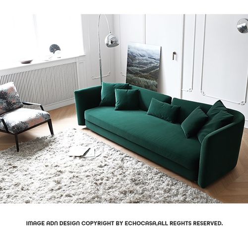 北欧轻奢现代布艺墨绿色绒布网红公寓住宅区美P容院三人位休闲沙