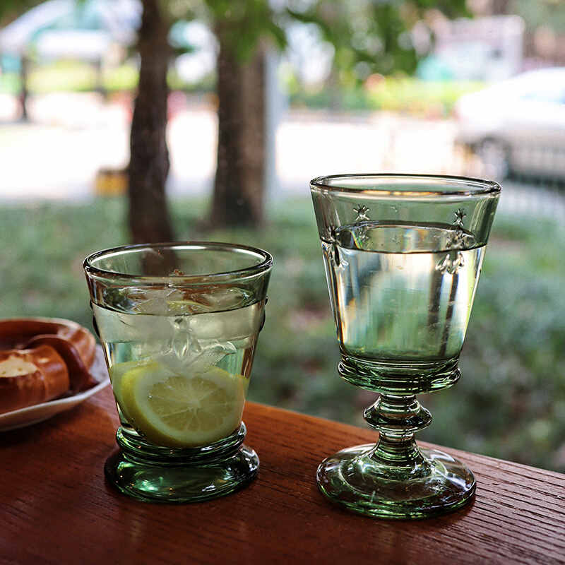 法国La Rochere进口南法乡村复古绿浮雕玻璃杯果汁杯欧式高脚杯