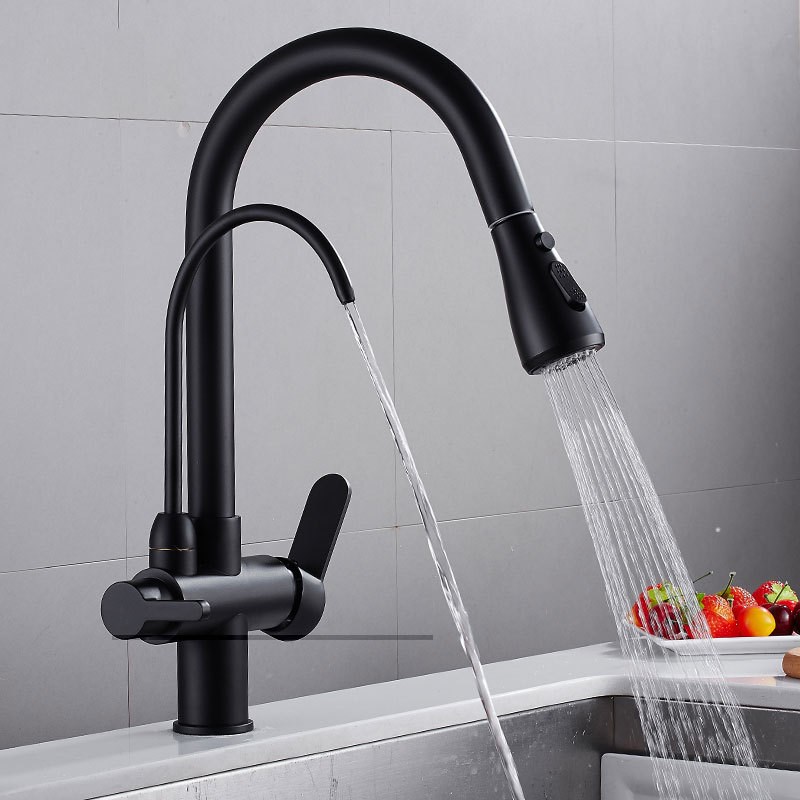 厨房冷热水龙头抽拉式过滤纯净水器三合一洗菜盆防溅水洗碗池龙头